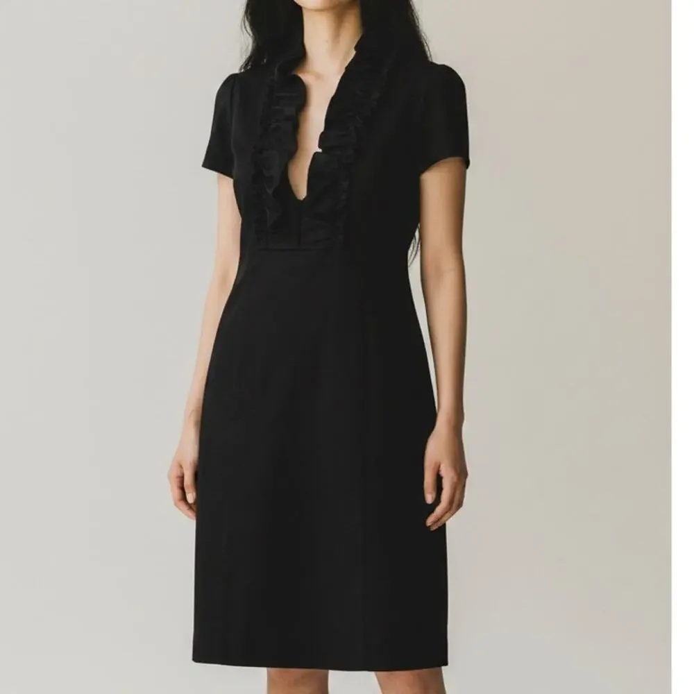 J. Crew Madeline Ruffle Collar Wool Short Sleeve Dress Pockets Side Zip 2 Black